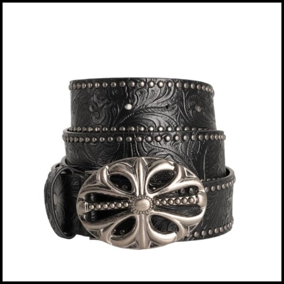 PU Leather Studded Belt with Carved Flower Buckle for Y2K Punk Gothic Style